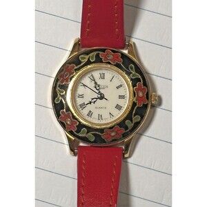 Welma Women's Watch 28MM Cloisonné Floral Enamel Red Leather Band New Battery
